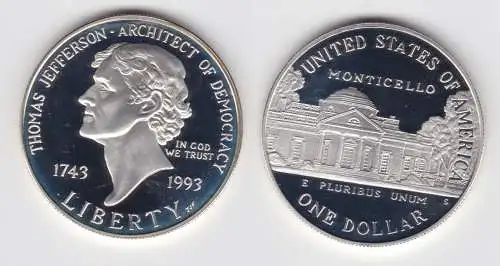 1 Dollar Silber Münze  USA 1993 Thomas Jefferson PP (126874)