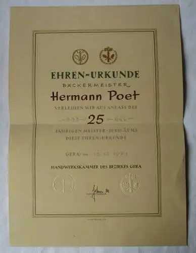 DDR Ehren-Urkunde Bäckermeister Handwerkskammer Gera Meister-Jubiläum (135167)