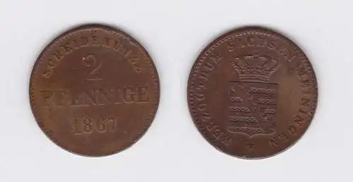 2 Pfennige Kupfer Münze Sachsen Meiningen 1867 (119174)