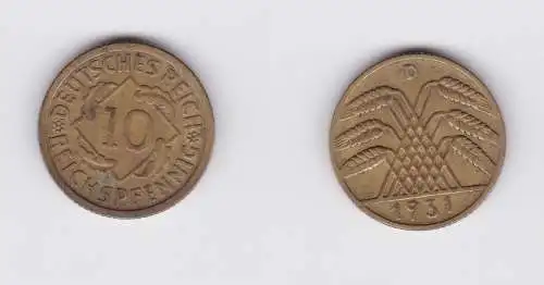 10 Reichspfennig Messing Münze Deutsches Reich 1931 D, Jäger 317 (119909)