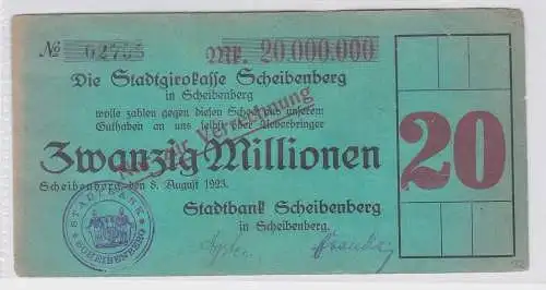 20 Millionen Mark Banknote Stadtgirokasse Scheibenberg 8.8.1923 (118807)