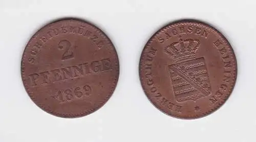 2 Pfennige Kupfer Münze Sachsen Meiningen 1869 (118939)