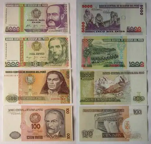 4 x Banknoten Peru 100 - 5000 Intis  bankfrisch UNC (162312)