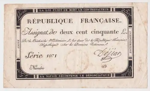 250 Livres Assignat Buttin Frankreich 28. September 1793 Serie 1071 (162040)