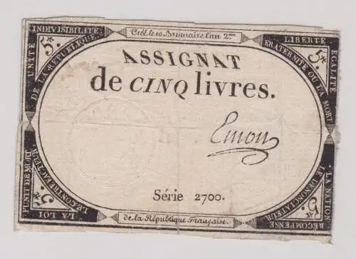 5 Livres Assignat Buttin Frankreich 31. Oktober 1793 Serie 2700 (162283)
