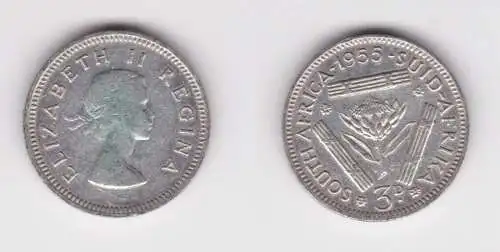 3 Pence Silber Münze Südafrika Elisabeth II. 1955 ss (155319)