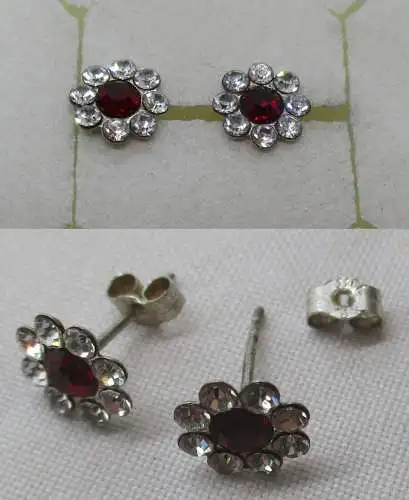 Elegante 925er Silber Ohrstecker mit rot weißer Blüte (161876)