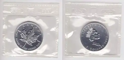 5 Dollar Silber Münze Canada Kanada Maple Leaf 1993 OVP (160965)