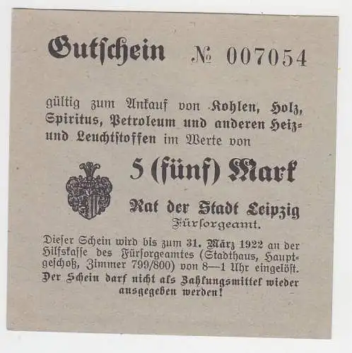 5 Mark Kohle Holz Gutschein Stadt Leipzig 31.März 1923 (120605)