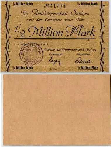 1/2 Millionen Mark Banknote Amtskörperschaft Saulgau 20.08.1923 (122164)