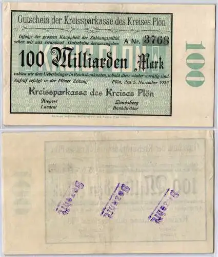 100Milliarden Mark Banknote Inflation Kreissparkasse des Plön 5.11.1923 (122469)