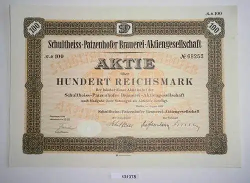 100 Reichsmark Aktie Schultheiss-Patzenhofer Brauerei AG Berlin 1932 (131375)