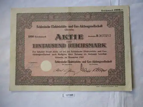 1000 RM Aktie Schlesische Elektricitäts- und Gas-AG Gleiwitz Dez 1942 (127295)
