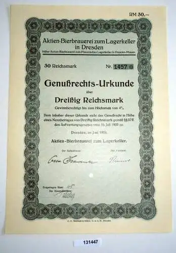 30 RM Genußrechts-Urkunde Aktien-Bierbrauerei zum Lagerkeller Dresden (131447)