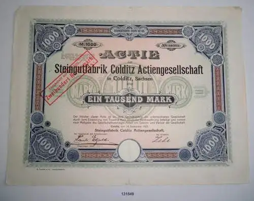 1000 Mark Aktie Steingutfabrik Colditz AG 14. September 1922 (131549)