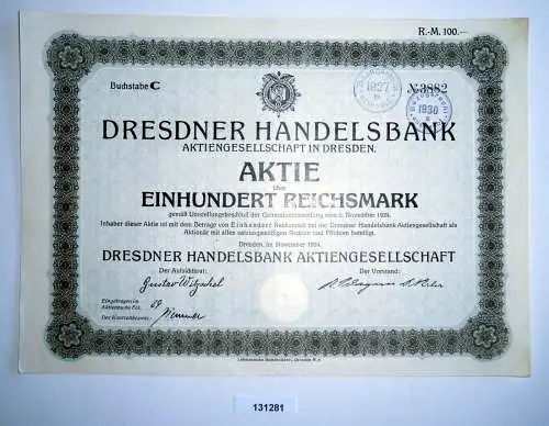100 Reichsmark Aktie Dresdner Handelsbank AG in Dresden November 1924 (131281)