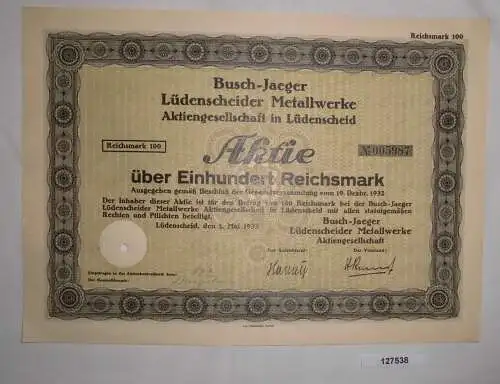 100 Reichsmark Aktie Busch-Jaeger Lüdenscheider Metallwerke AG Mai 1933 (127538)