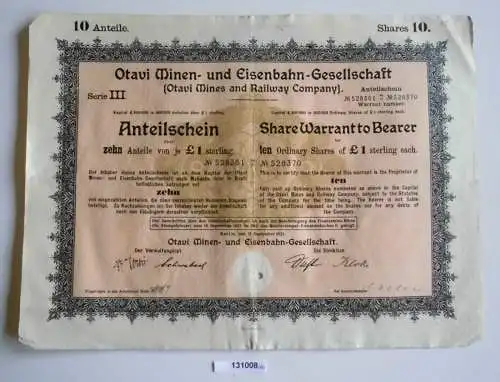 1 Pfund 10 Aktien Otavi Minen-& Eisenbahn-Gesellschaft Berlin 12.9.1921 (131008)