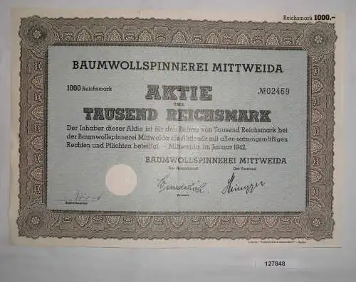1000 Reichsmark Aktie Baumwollspinnerei Mittweida Januar 1942 (127848)
