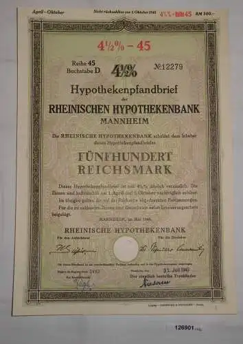 500 Reichsmark Pfandbrief Rheinische Hypothekenbank Mannheim Mai 1940 (126901)