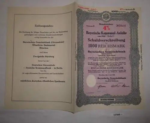1000 Reichsmark Schuldverschreibung Bayerische Kommunal Anleihe 1942 (127948)