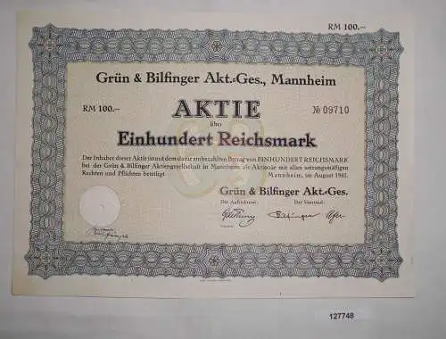 100 Mark Aktie Grün & Bilfinger AG Mannheim August 1941 (127748)