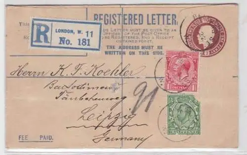 89769 seltener Einschreiben Brief von London nach Leipzig 1913