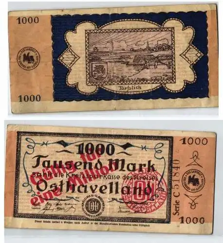 1 Million Mark Banknote Kreissparkasse Osthavelland 1.März 1923 (123630)