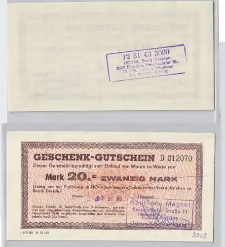 20 Mark Banknote Geschenk-Gutschein HO Bezirk Dresden 17. Juli 1985 (129324)