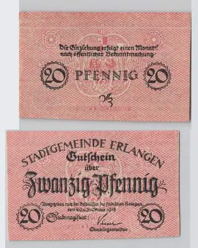 20 Pfennig Banknote Notgeldschein Erlangen 31.Oktober 1918 kassenfrisch (129081)