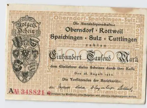 100000 Mark Inflation Banknote Stadtgemeinde Oberndorf usw. 28.8.1923 (129603)