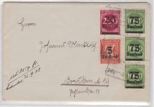 69461 seltener Inflation Brief mit Bahnpoststempel nach Dresden 26.9.1923