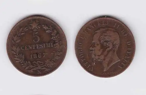5 Centesimi Kupfer Münze Italien Vittorio Emanuel II 1867 N (111370)