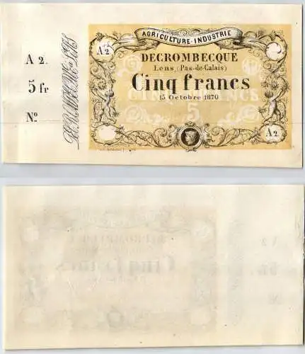 5 Franc Banknote Agriculture Industrie Decrombecque 1870 kassenfrisch (123956)