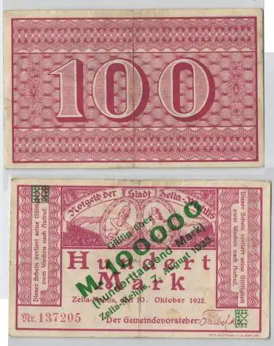 100000 Mark Banknote Stadt Zella Mehlis 7.8.1923 (129794)