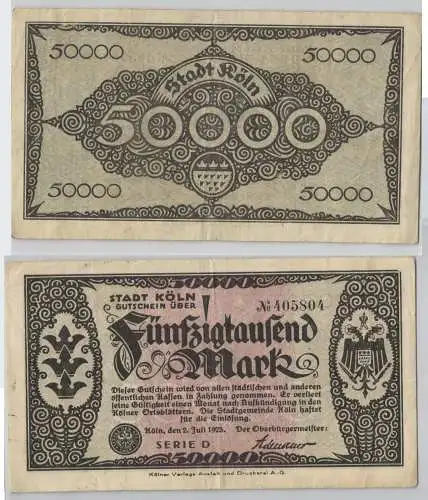 25000 Mark Banknote Notgeldschein Köln 2. Juli 1923 Serie D (129205)