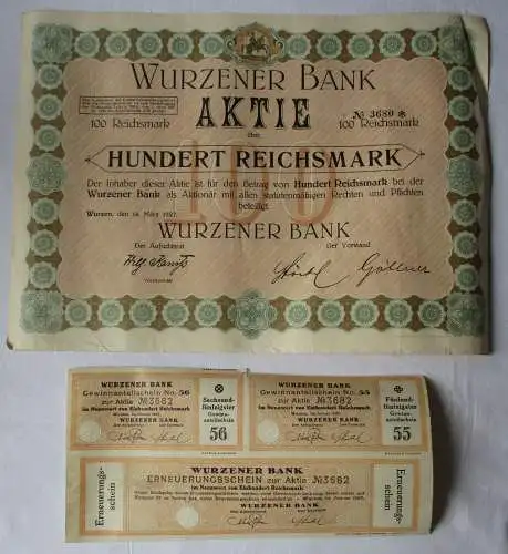 100 Reichsmark Aktie Wurzener Bank 14.März 1927 mit Zinsschein (129125)