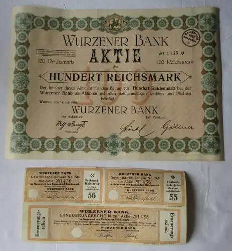 100 Reichsmark Aktie Wurzener Bank 14.März 1927 mit Zinsschein (129169)