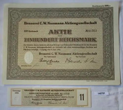 100 Reichsmark Aktie Brauerei C.W. Naumann AG Leipzig 6.Juni 1941 (140781)