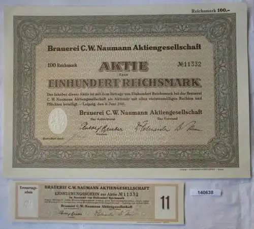 100 Reichsmark Aktie Brauerei C.W. Naumann AG Leipzig 6.Juni 1941 (140638)
