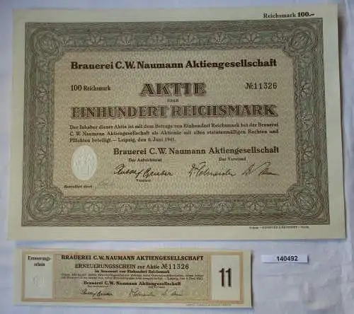 100 Reichsmark Aktie Brauerei C.W. Naumann AG Leipzig 6.Juni 1941 (140492)