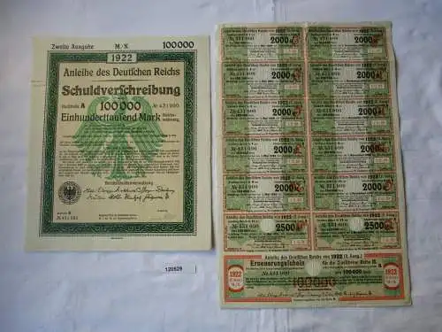 100 000 Mark Aktie Schuldenverschreibung dt. Reich Berlin 01.12.1922 (120529)