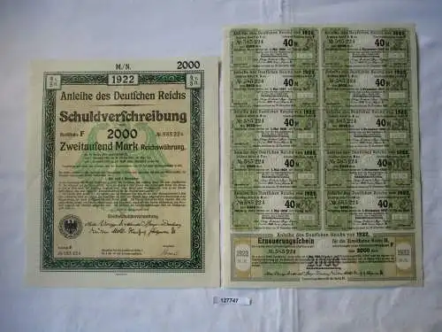 2000 Mark Aktie Schuldenverschreibung deutsches Reich Berlin 01.08.1922 (127747)