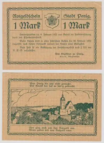 Seltene Banknote Notgeld 1 Mark Stadt Penig 6.2.1922 (133699)