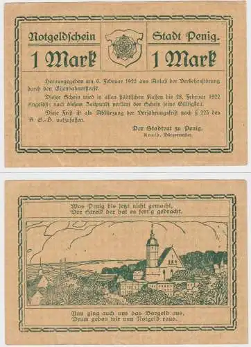 Seltene Banknote Notgeld 1 Mark Stadt Penig 6.2.1922 (137707)