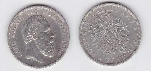 5 Mark Silbermünze Württemberg König Karl 1876 Jäger 173  (131514)