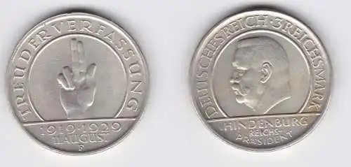 Silber Münze 3 Mark Verfassung "Schwurhand" 1929 F vz (156189)