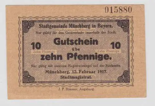 10 Pfennig Banknote Notgeld Stadt Münchberg 12. Februar 1917 (135897)