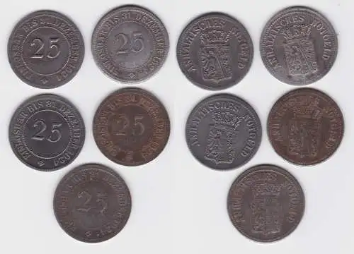 5 x 25 Pfennig Eisen Münzen Anhaltisches Notgeld 1924 (140458)