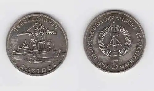 DDR Gedenk Münze 5 Mark Überseehafen Rostock 1988 Stempelglanz (148816)